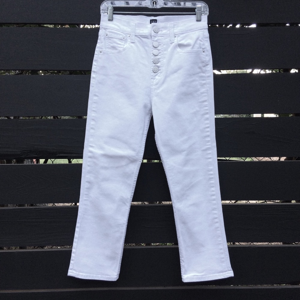 GAP button fly high rise straight leg white jeans